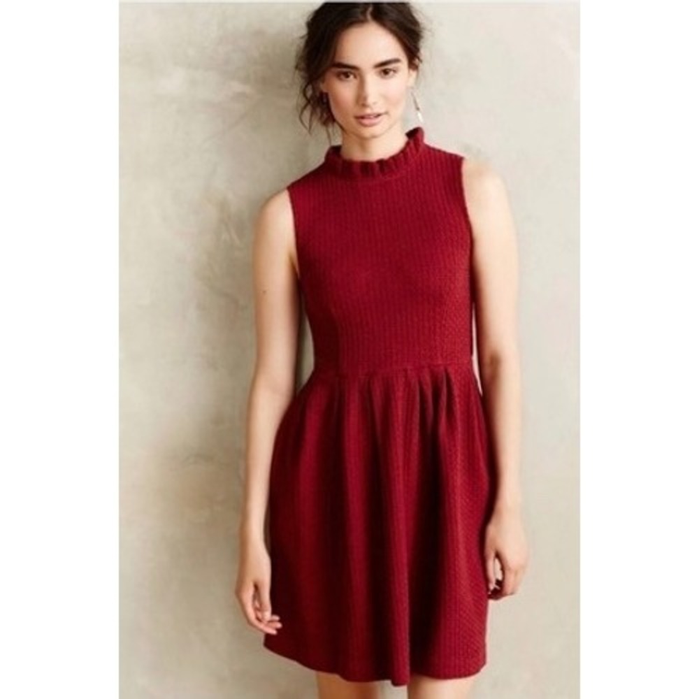 NWT Ganni Anthropologie Sonora Jersey Pinnacle Dress Wine Red Ruffle Neck Medium
